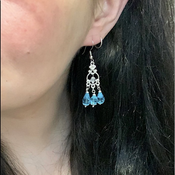 NEW, Silver 3*Tear Turquoise Crystals Drop Dangle Earrings Classic Fish Hooks - Picture 8 of 14